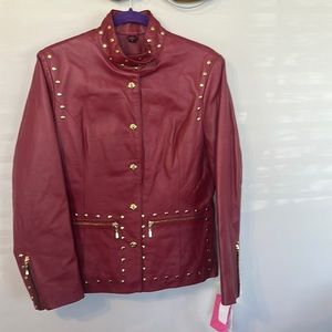 Women’s Excelled Collection Red Leather Gold-Studded Jacket, size M